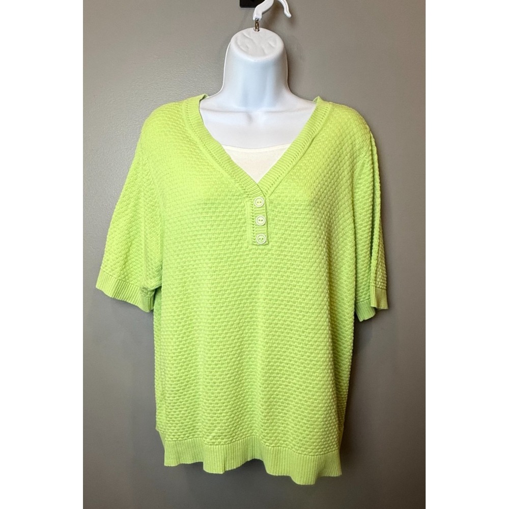 CJ Banks Women's 1X Lime Green Textured Cotton‎ Henley Sweater Short Sleeve